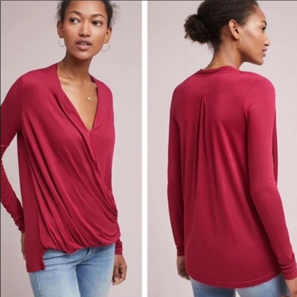 Anthropologie Rasberry Red faux wrap cross over twist top S Akemi Kim